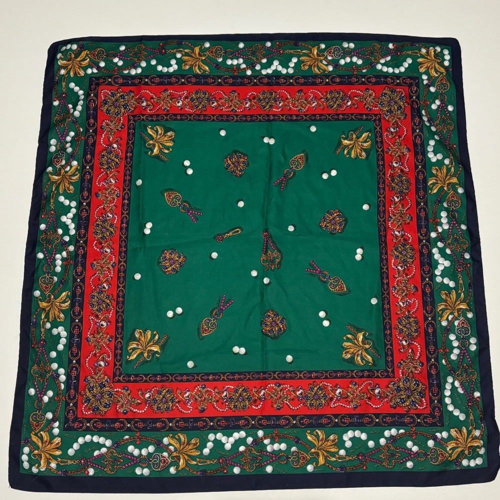 Art of the Scarf Tie Rack Green Red Gold Baroque Print Polyester‎ Square Scarf